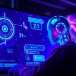 Close-up of a futuristic digital chatbot interface with neon lights and digital patterns in a dark environment.