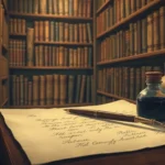 Vintage library scene with old books, quill, and parchment, warm lighting, nostalgic atmosphere.