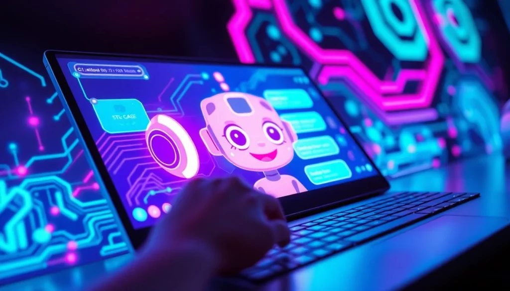 Digital illustration of a user interacting with an AI chatbot on a modern screen, with vibrant neon colors and technological backgrounds.