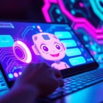 Digital illustration of a user interacting with an AI chatbot on a modern screen, with vibrant neon colors and technological backgrounds.