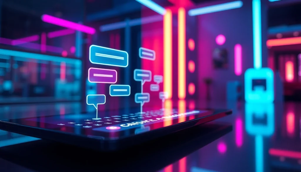 An illustration of a futuristic AI chatbot interface with holographic chat bubbles on a sleek device, set in a cyberpunk-inspired environment with neon lighting and digital textures.