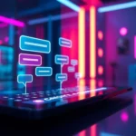 An illustration of a futuristic AI chatbot interface with holographic chat bubbles on a sleek device, set in a cyberpunk-inspired environment with neon lighting and digital textures.