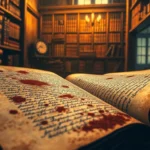 An old manuscript stained with dirt, blending into a modern adult-themed scene in a vintage library setting.