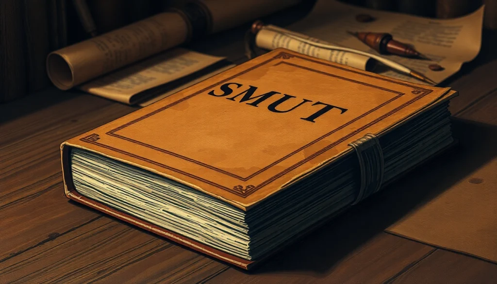 Old antique book titled "Smut" on wooden desk with historical scrolls and quill pens in background.