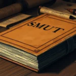 Old antique book titled "Smut" on wooden desk with historical scrolls and quill pens in background.