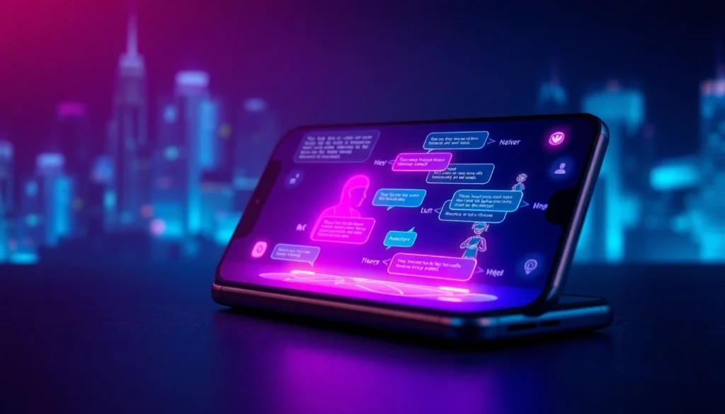 Futuristic smartphone displaying a lively AI chat interface with neon glow effects and vibrant conversation bubbles.
