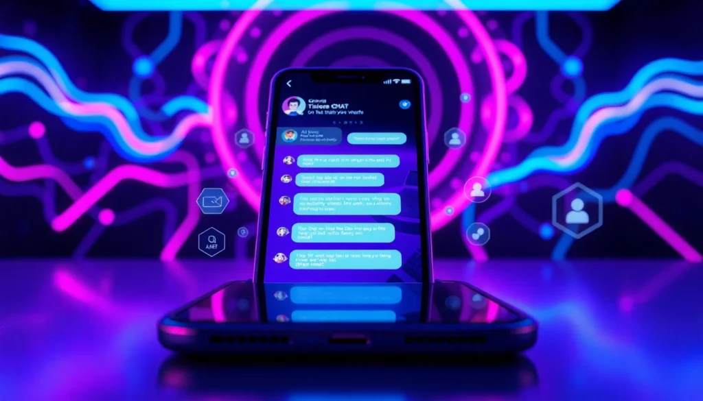 Futuristic smartphone displaying an AI chat interface with neon lights and holographic elements.