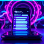 Futuristic smartphone displaying an AI chat interface with neon lights and holographic elements.