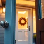 Front door replacement: modern exterior entry with energy-efficient hardware in a warm foyer.