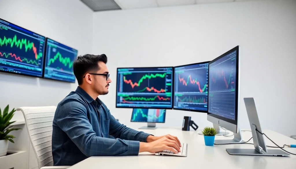 Online Trading for Beginners A beginner trader reviewing stock charts on multiple screens for