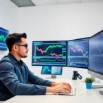 Online Trading for Beginners A beginner trader reviewing stock charts on multiple screens for