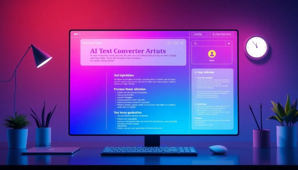 Illustration of AI text converter tools interface showing natural language processing features